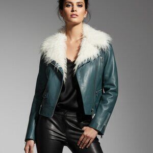 $340 NOIZE Suren Jacket faux white shearling color teal moto jacket S